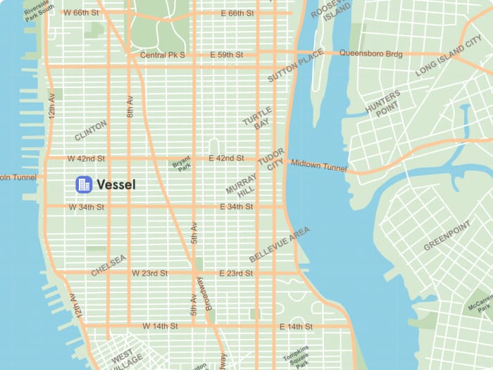 Ubicación de The Vessel en el mapa de Manhattan | ©Malvina Battiston