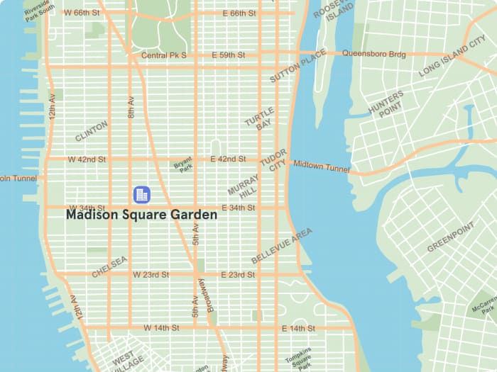 Mapa de Manhattan con la ubicación del Madison Square Garden en Midtown
