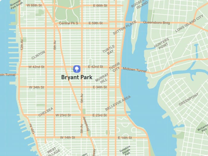 Ubicación de Bryant Park en el mapa de Manhattan