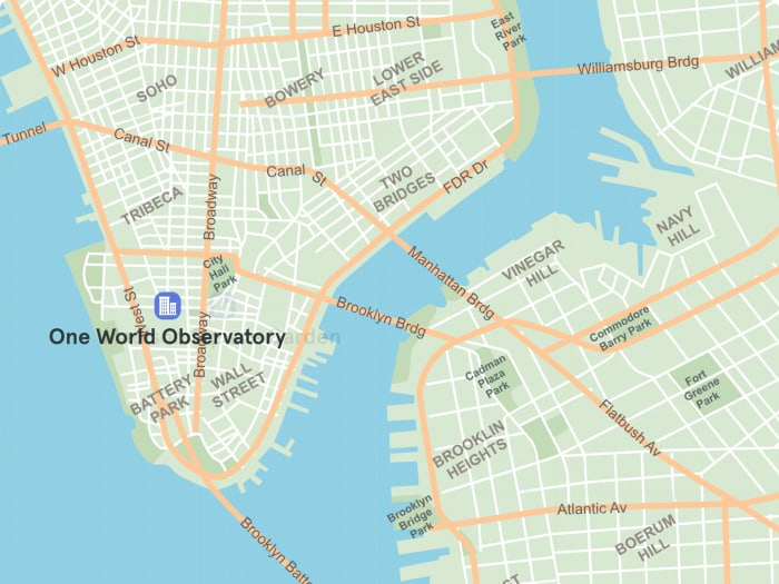 Ubicación del One World Observatory en el mapa del sur de Manhattan