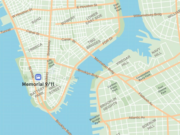 Mapa del sur de Manhattan con el Memorial y el Museo del 11S