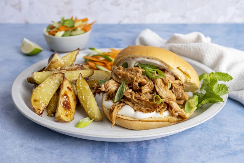 Pulled Hoisin Chicken Burger with Sesame Fries and Cucumber Carrot Salad