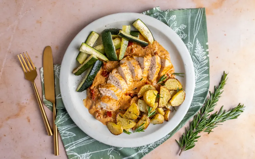 Chicken in Sun-dried Tomato Sauce with Rosemary Potatoes and Zucchini