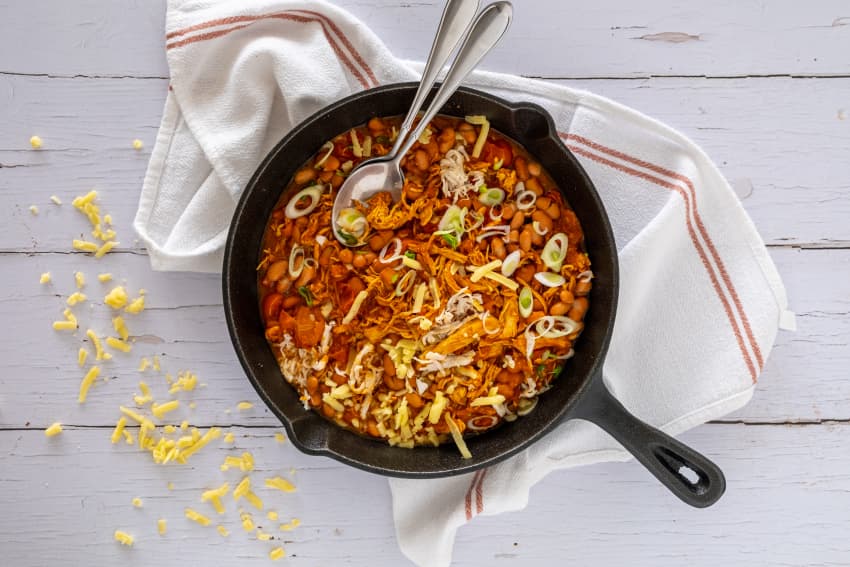 One-pan Barbecue Chicken, Pinto Bean and Cheddar Hot-Pot