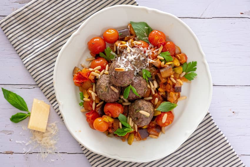 Italian Meatballs with Caponata Vegetables