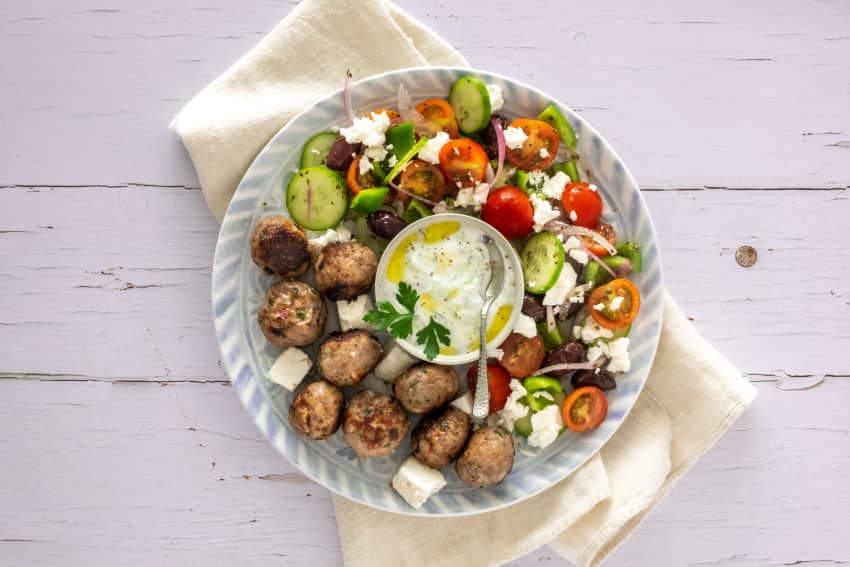 Lamb Meatballs with Greek Horiatiki Salad and Tzatziki