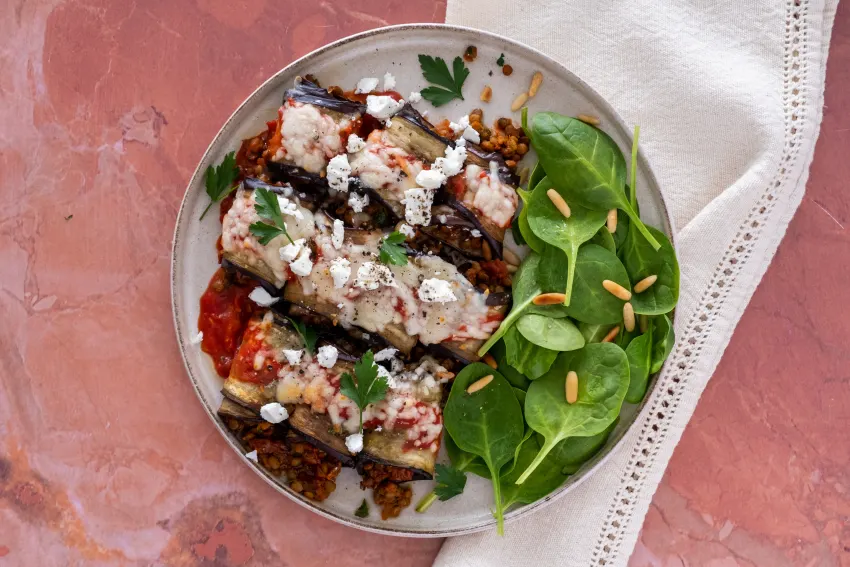 Moroccan-spiced Lentil and Eggplant Roll-ups with Spinach Salad