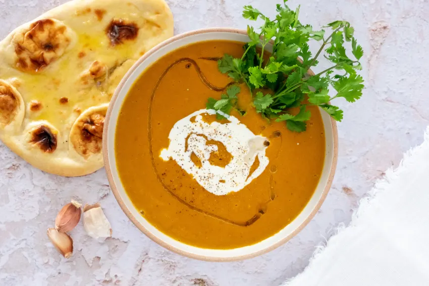 Curried Sweet Potato and Lentil Soup with Garlic Naan