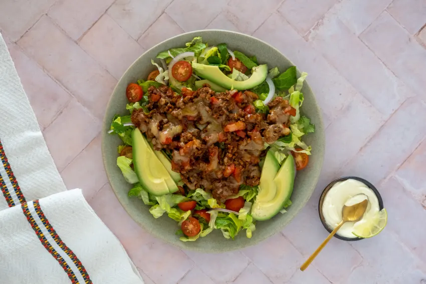 Beef 'Taco' Salad with Sour Cream and Avocado