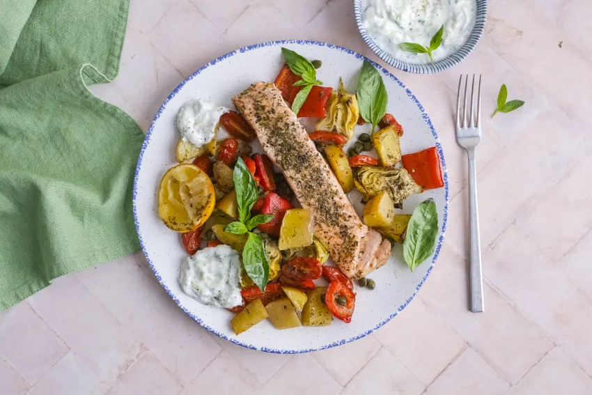 Baked Salmon with Roasted Artichokes & Potatoes with Tzatziki
