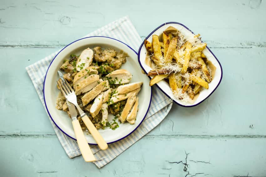 Chicken in Mushroom Sauce with Parmesan Truffled Fries