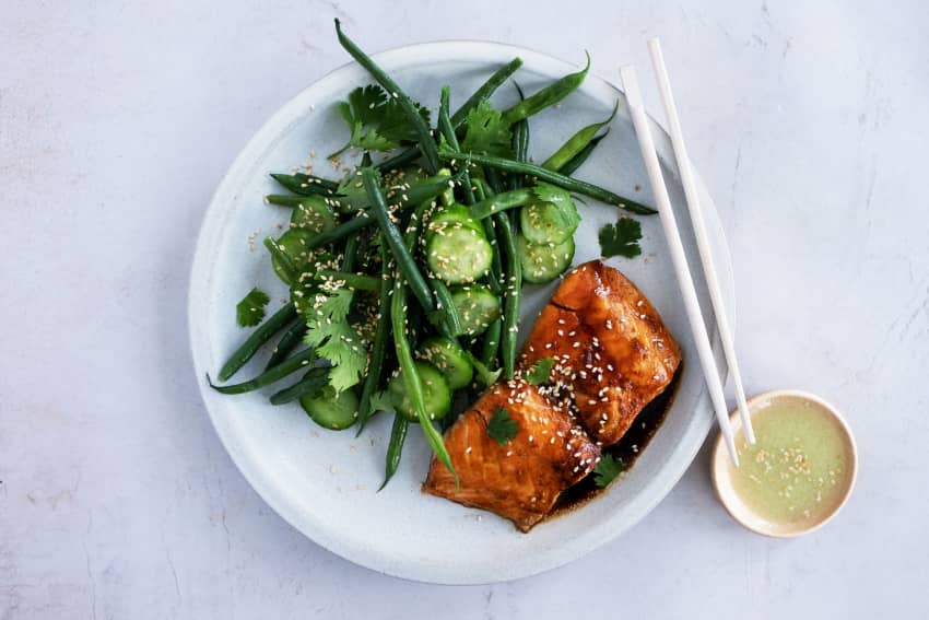 Simple Honey Glazed Salmon with Wasabi Cucumber and Green Bean Salad