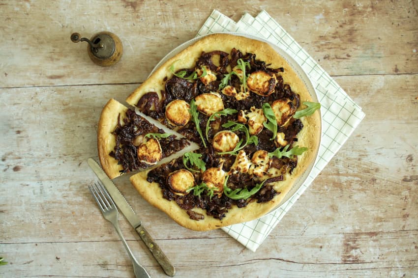 Festive Goats Cheese and Red Onion Pizza with Pine Nuts