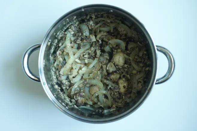 Fry mushroooms and onion