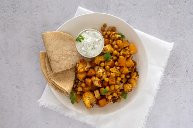 Indian Spiced Roasted Squash, Cauliflower and Crispy Chickpeas with ...