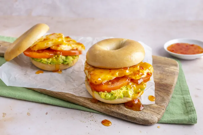 Halloumi and Avocado Bagel with Fresh Tomato and a Sweet Chilli Drizzle