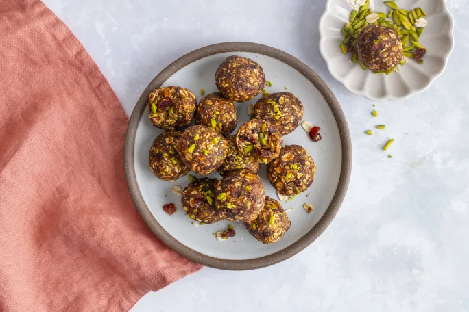 Date and Oat Energy Balls with Pistachio Nuts and Dried Cranberries