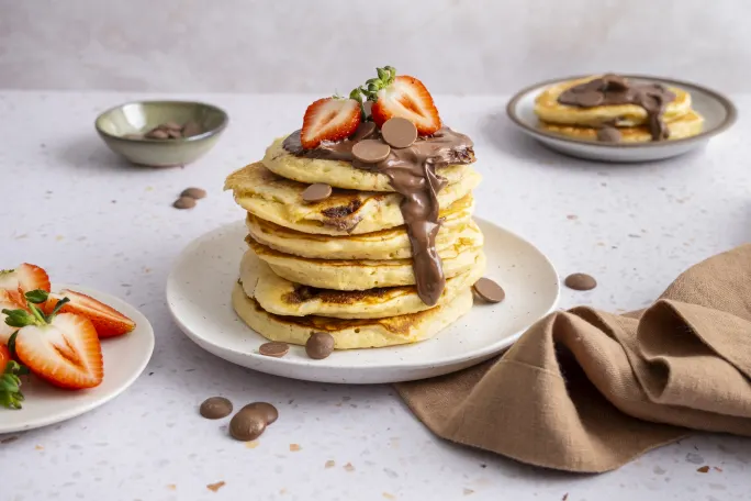 Fluffy Choc Chip Pancakes with Nutella Drizzle and Fresh Strawberries