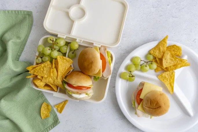 Chicken and Salad Sandwich with Crispy Corn Chips and Green Grapes