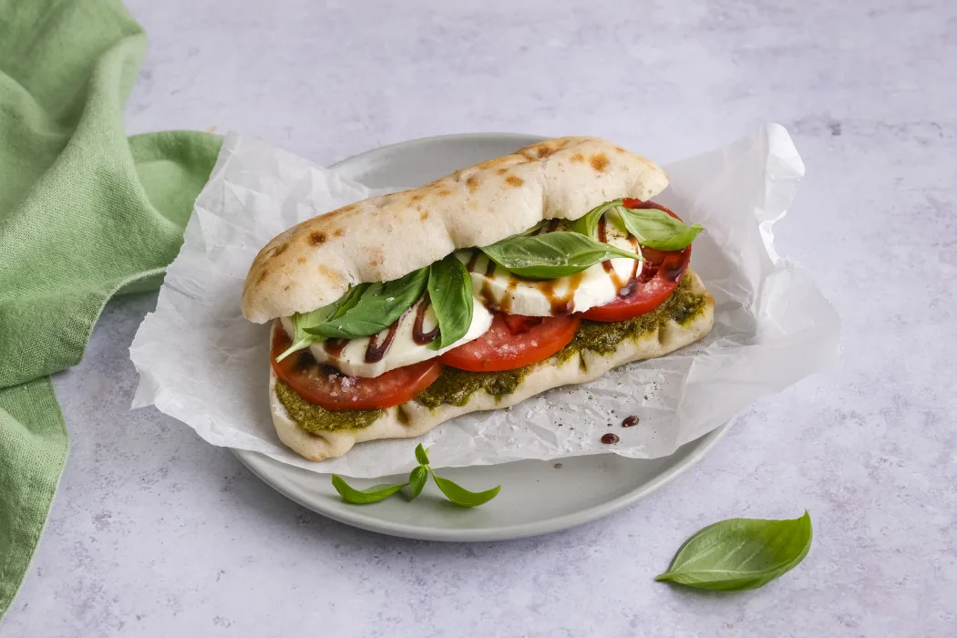 Caprese Sandwich with Green Pesto & Balsamic Glaze