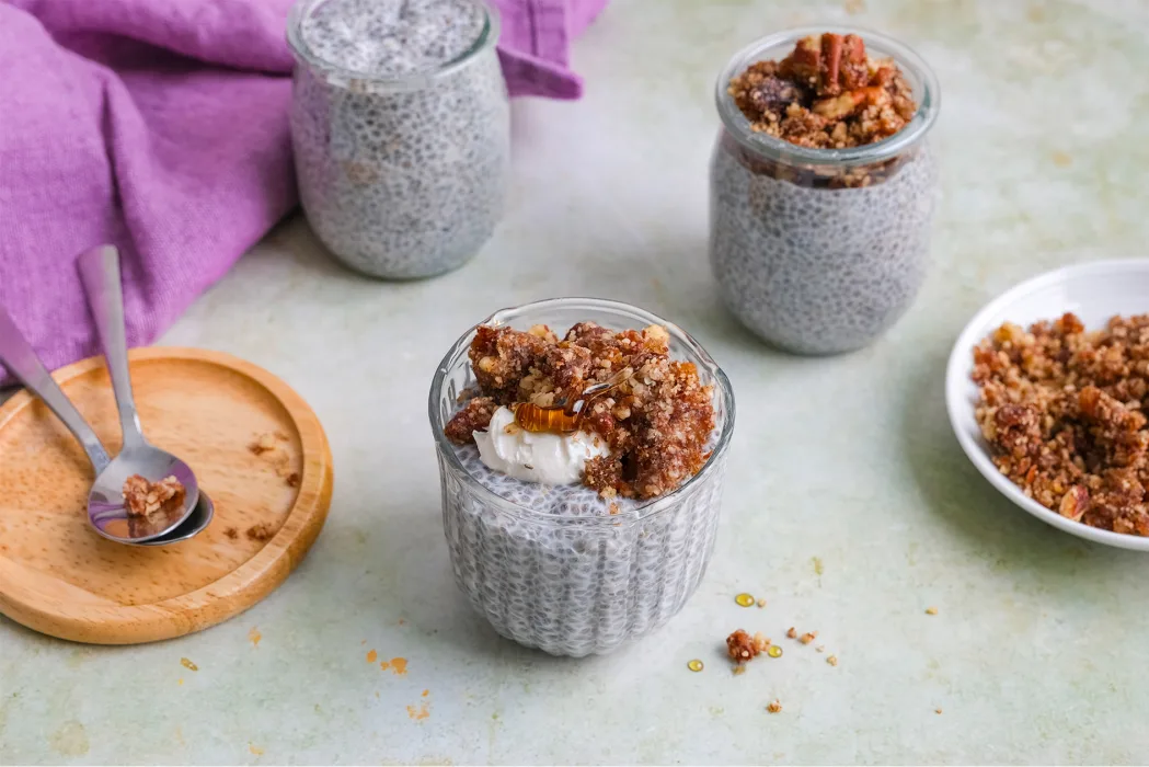 Overnight Chia Pudding with Whole milk and Date and Nut Crumble