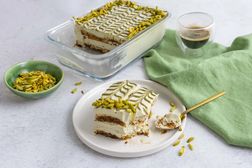Pistachio Tiramisu with Smooth Pistachio Cream & Sliced Pistachios