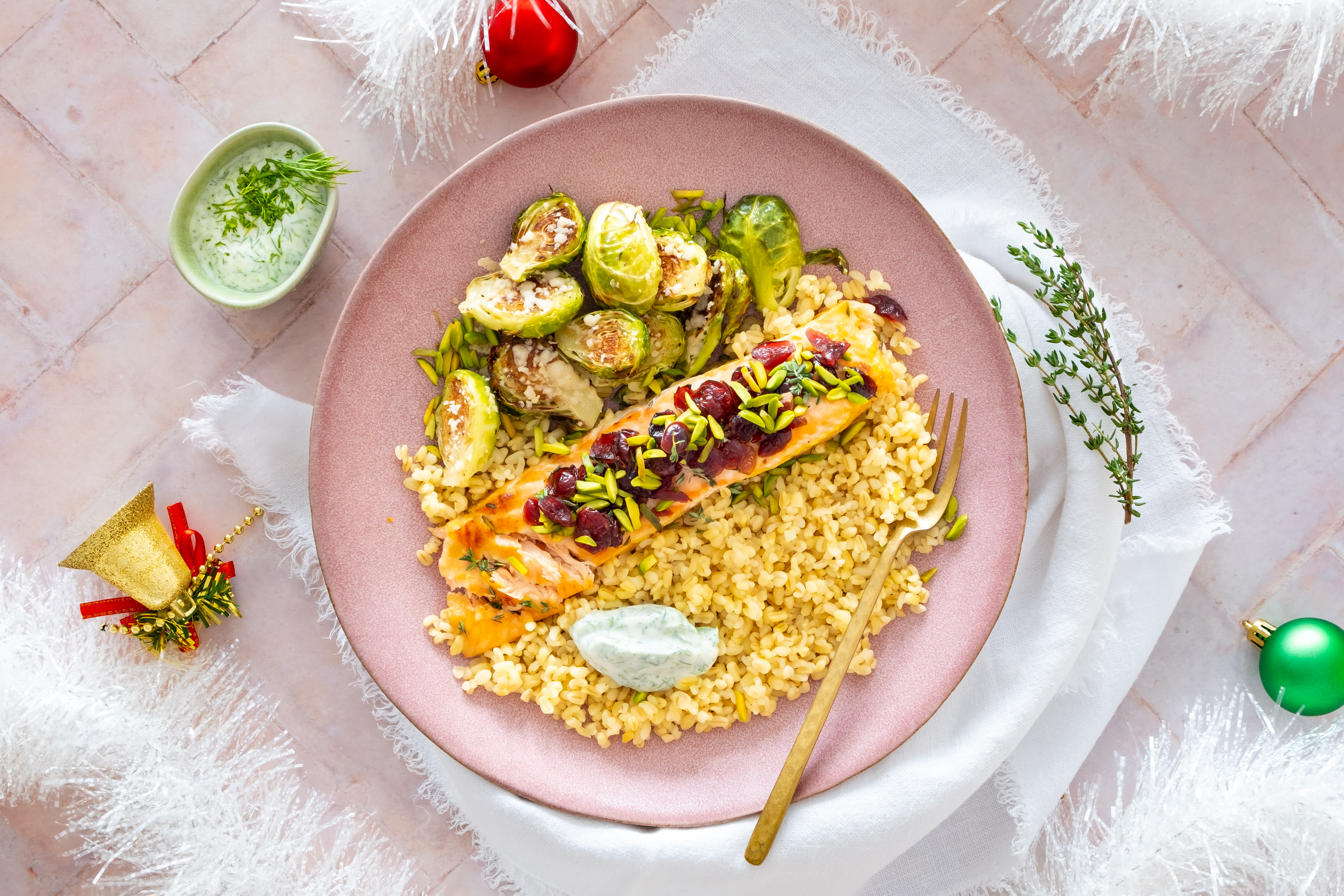 Salmon in Cranberry Orange Sauce with Parmesan Sprouts & Bulgur Wheat ...