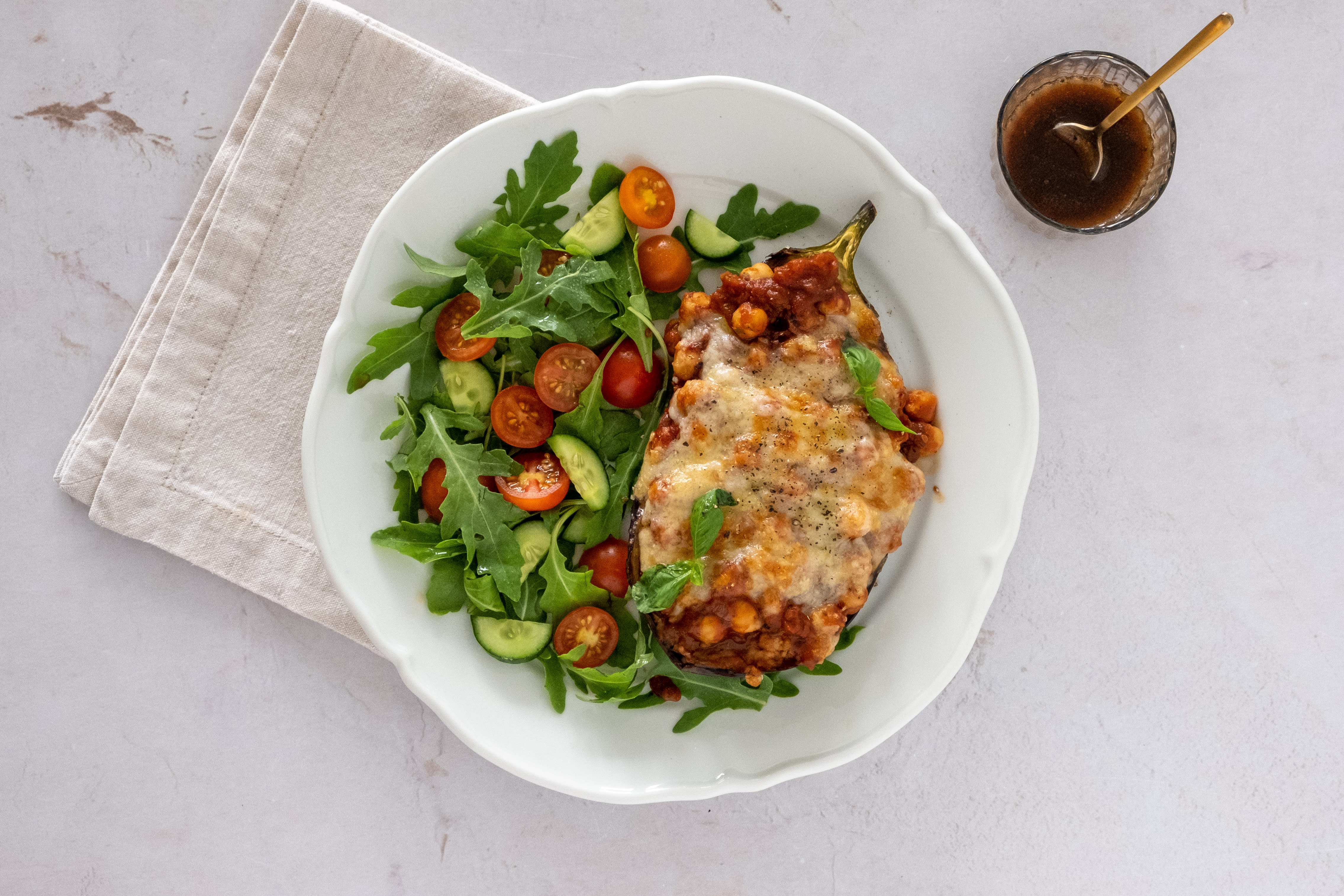 Cheesy Neapolitan Roasted Eggplant with Chickpea Stew and Rocket Salad ...