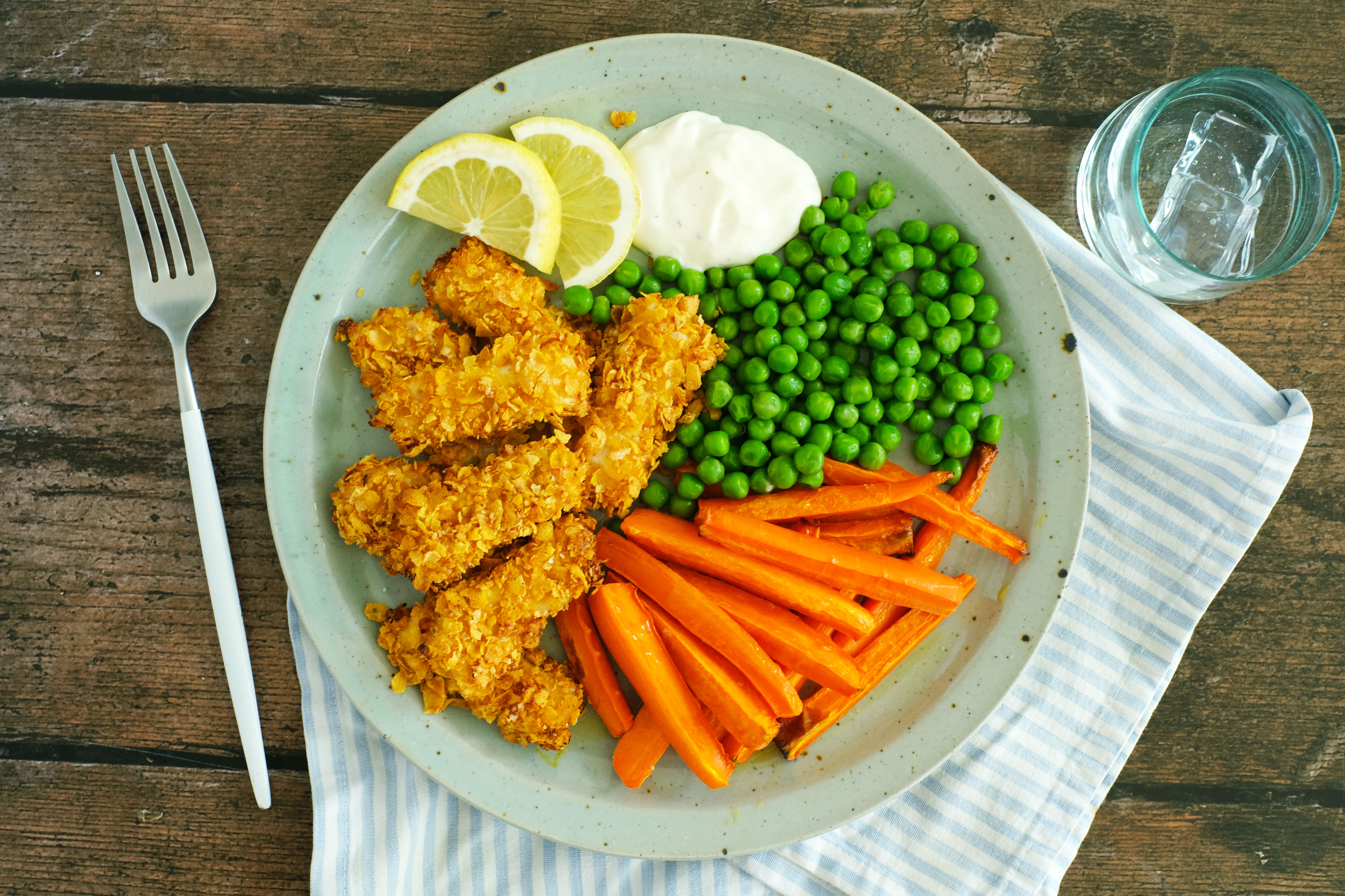 Fish Fingers with Carrot Fries, Peas and Garlic Aioli