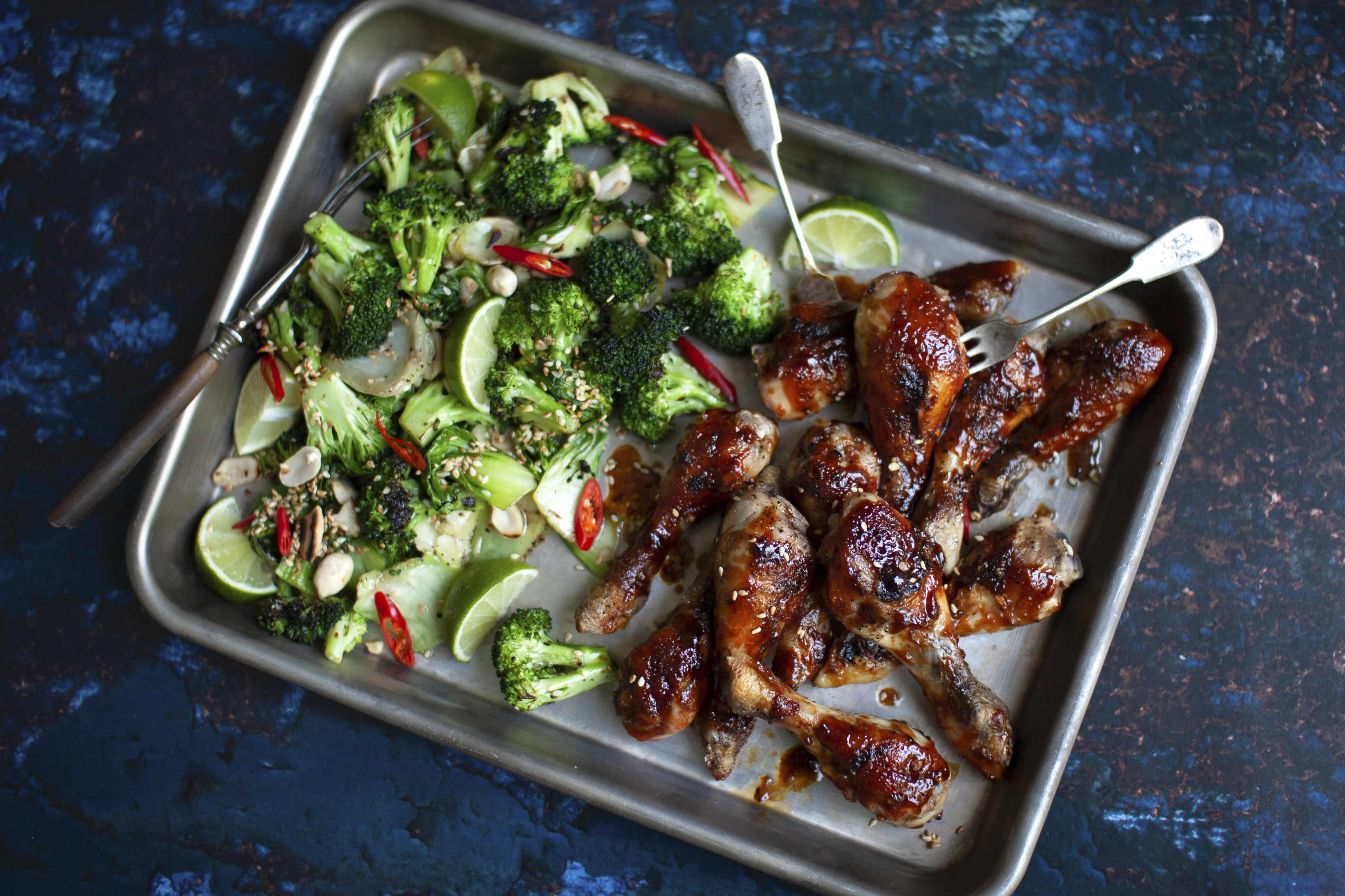 Sticky Asian Drumsticks with Garlic Broccoli and Pak Choi | Hello Chef!