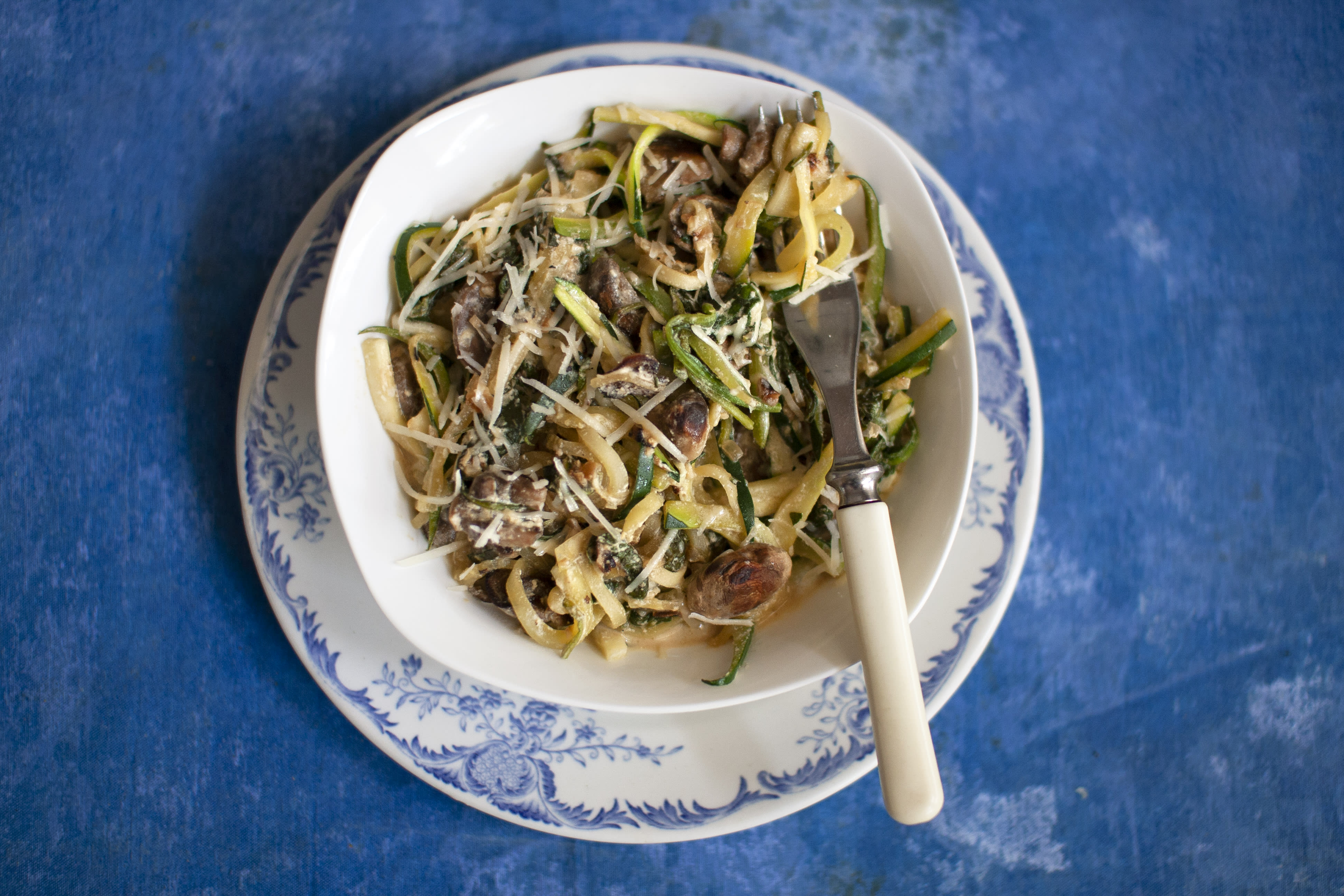 Creamy Mushroom and Spinach Alfredo with Zucchini Pasta | Hello Chef!