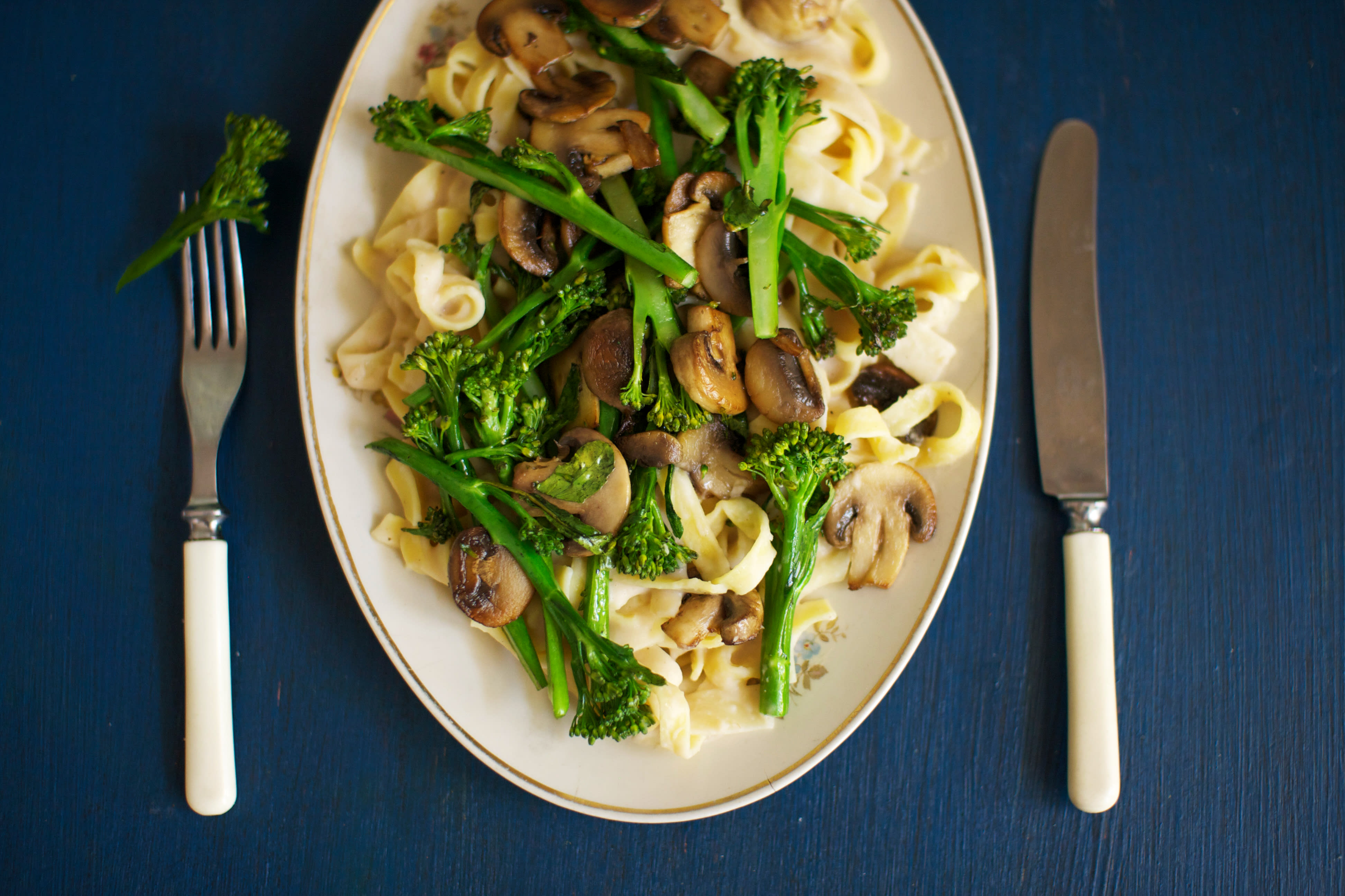 White Bean Fettuccine Alfredo with Mushrooms and Broccolini