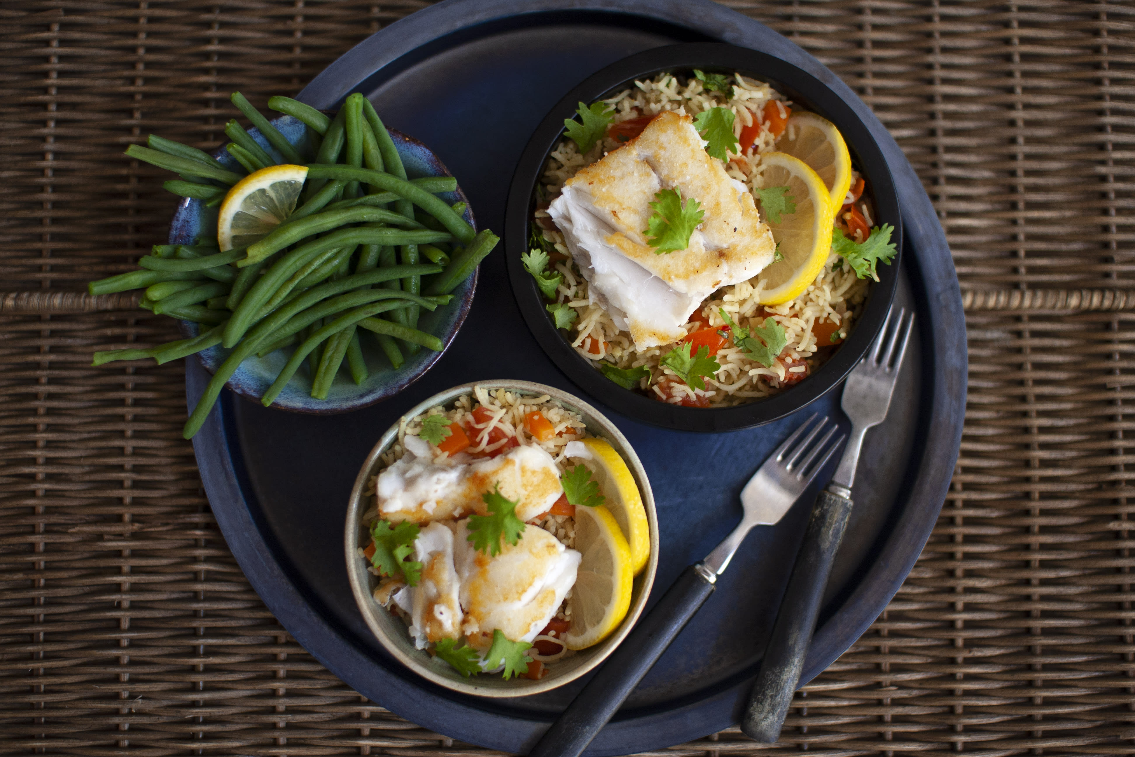 Fried Cod with Curried Vegetable Rice and Green Beans | Hello Chef!