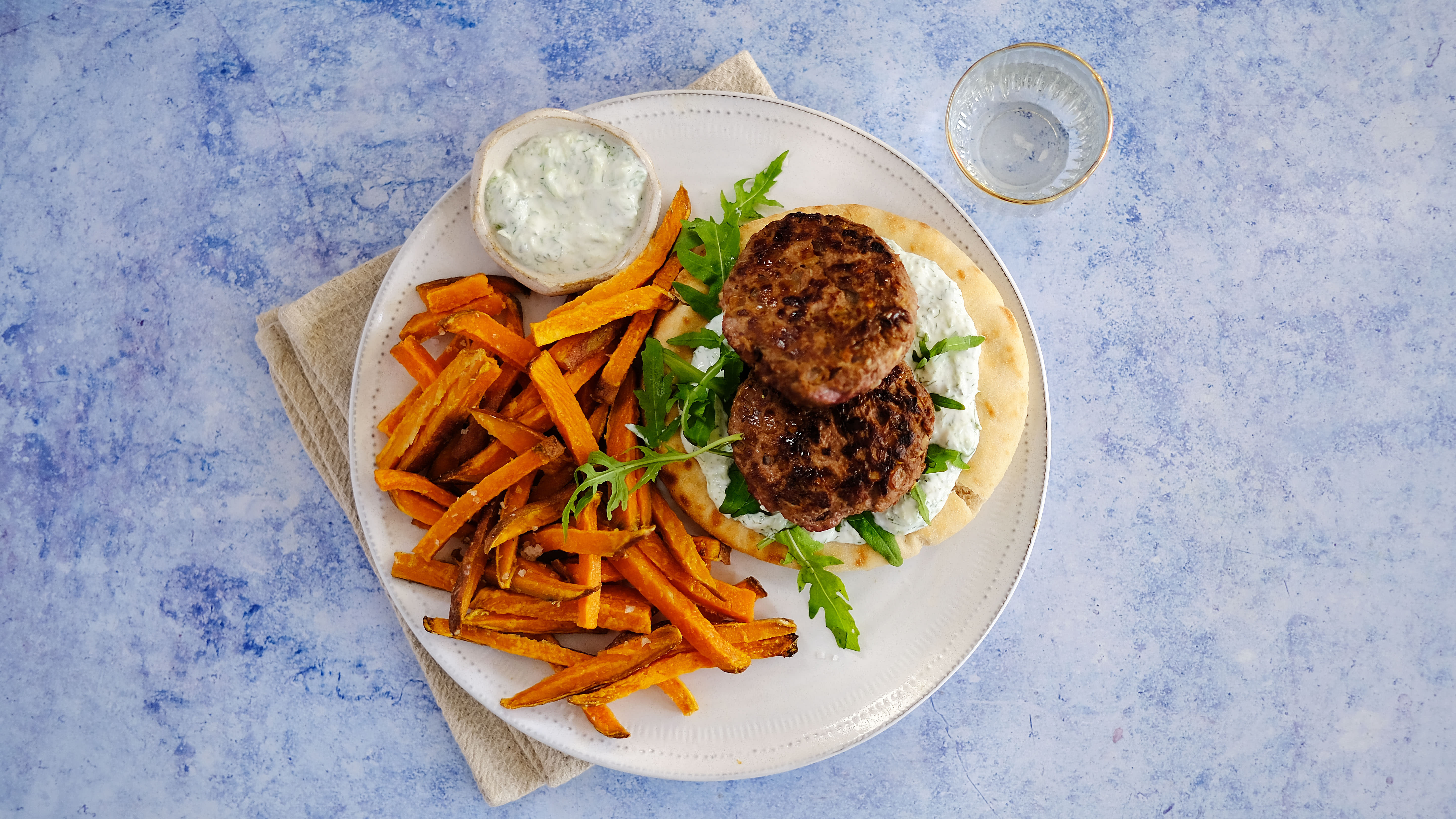Lamb Burgers in Pitta with Tzatziki and Sweet Potato Wedges Hello Chef!