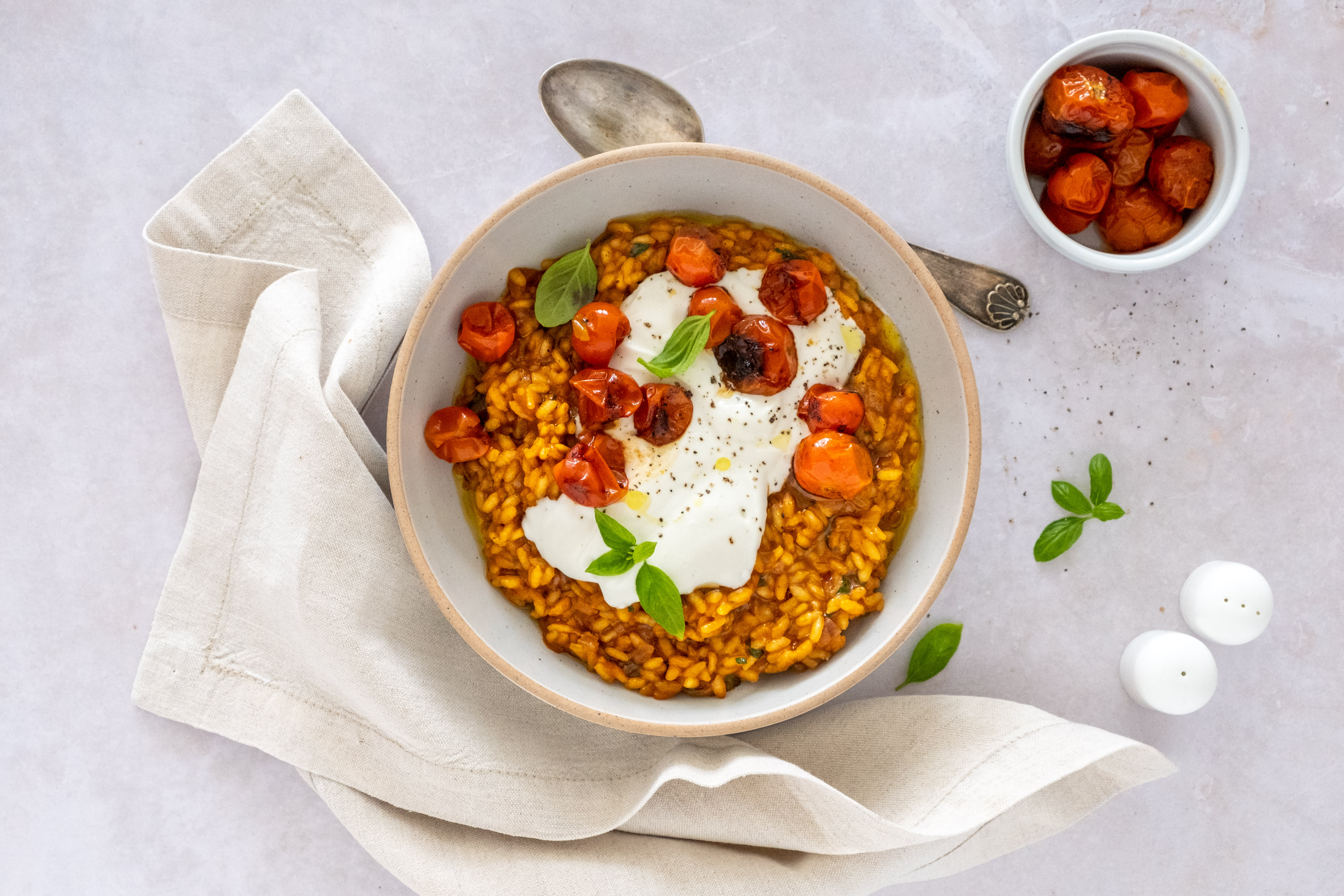 Blistered Cherry Tomato Risotto with Whipped Goat Cheese | Hello Chef!