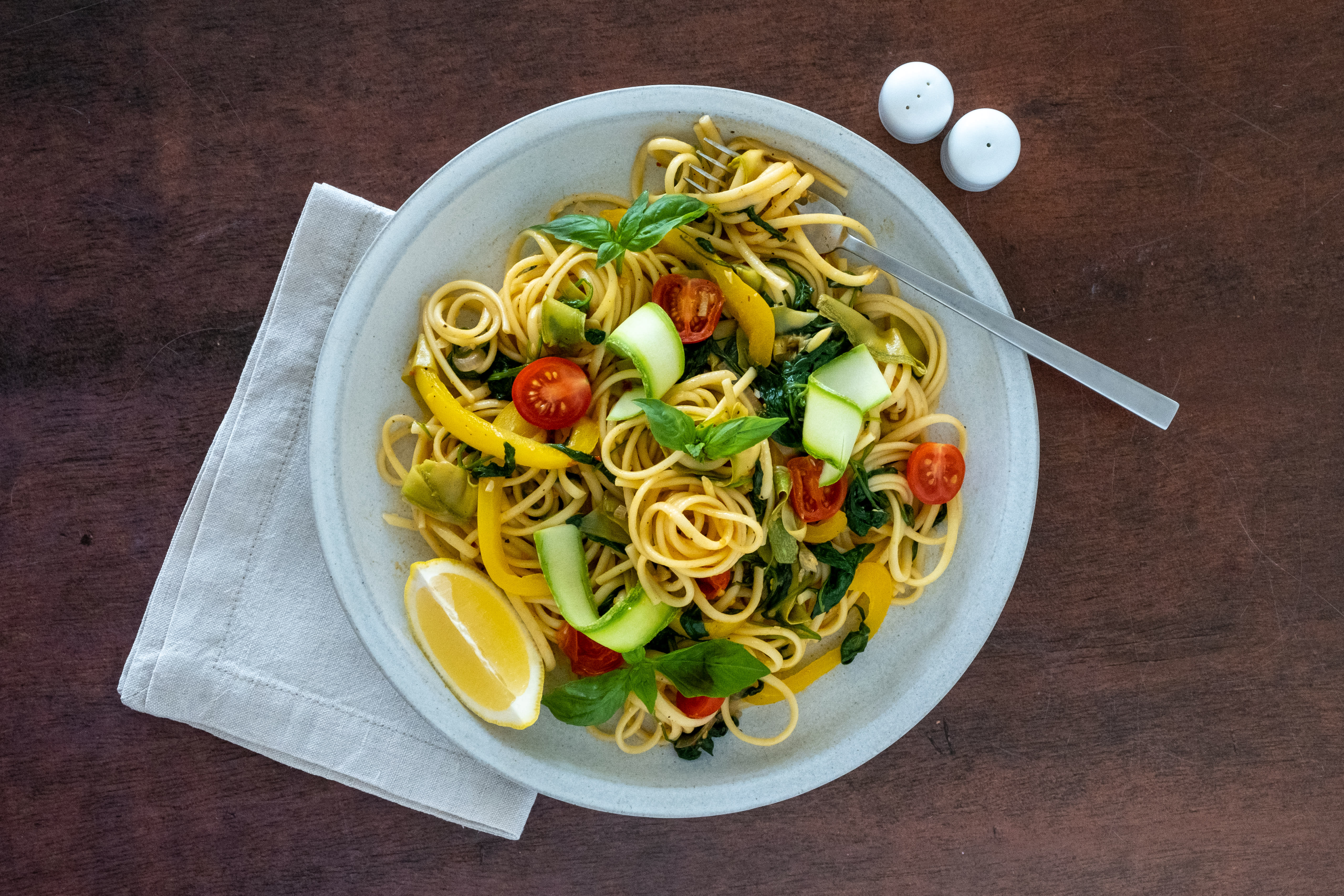 Linguine Primavera with Roasted Vegetables and Garlic Butter Sauce