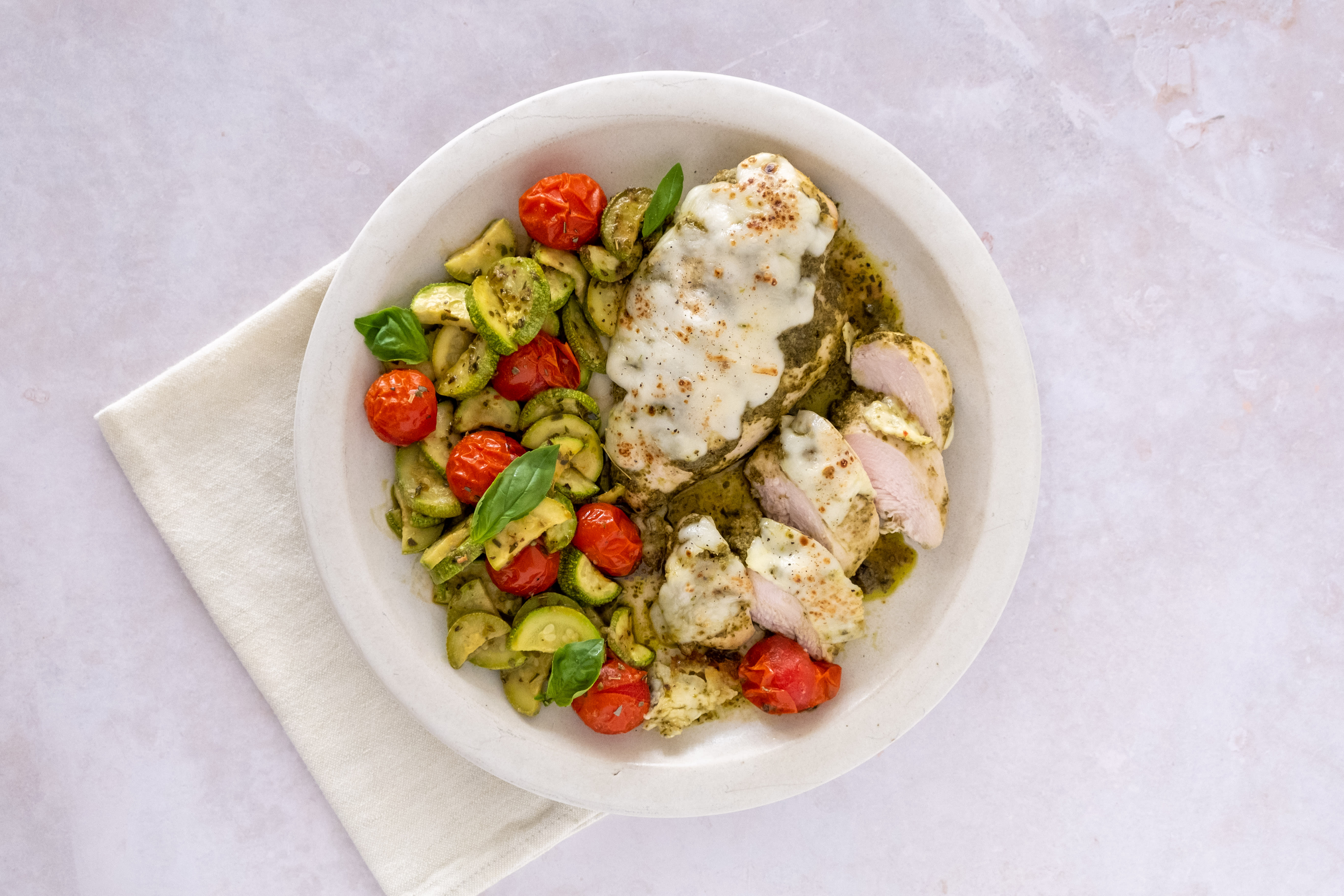 Mozzarella & Pesto Baked Chicken with Roasted Vegetables | Hello Chef!