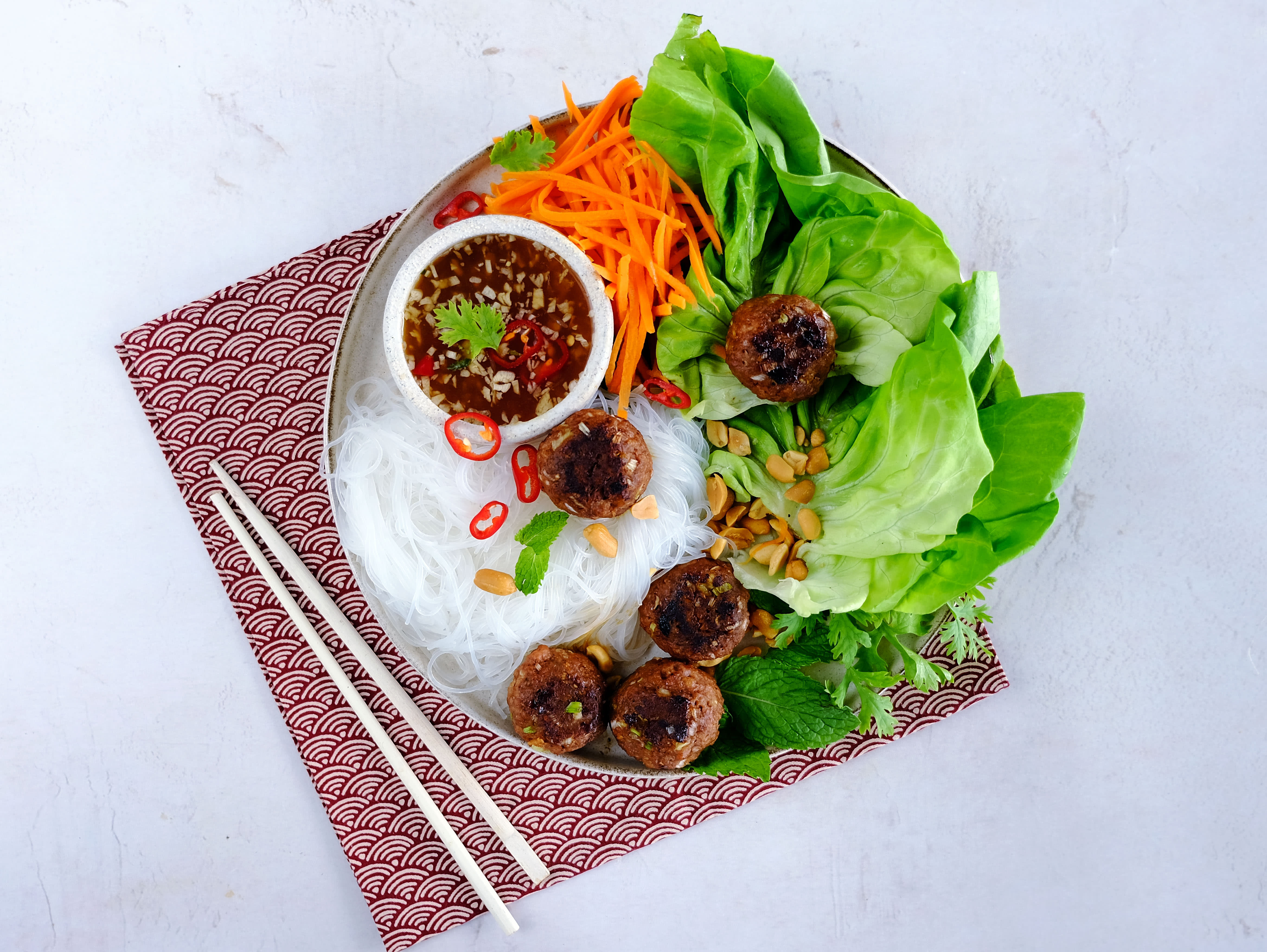 Beyond Meat Bun Cha Vietnamese Meatless Meatballs with Noodles and Salad