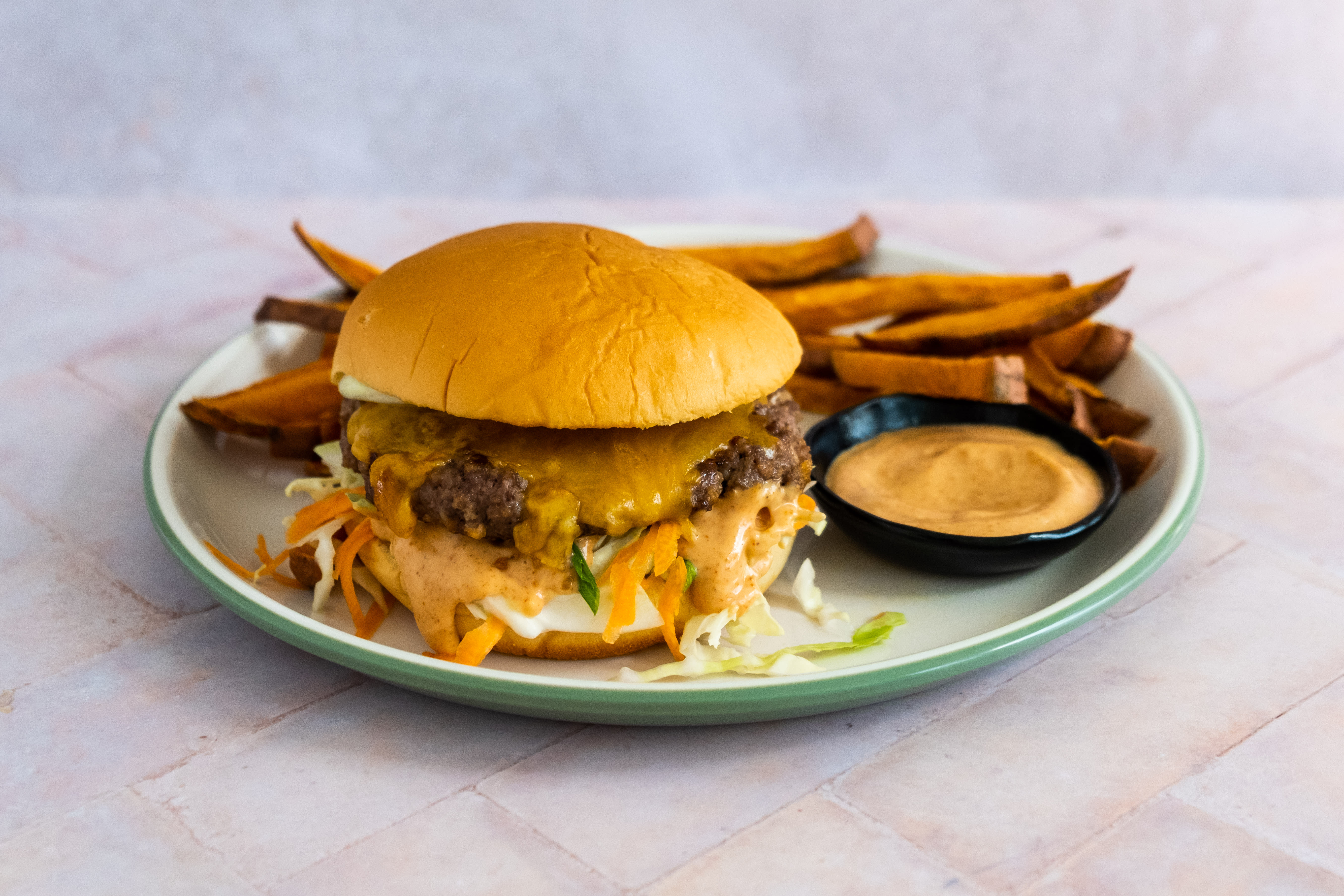 Chipotle Cheese Burger with Sweet Potato Fries & Lime Slaw | Hello Chef!