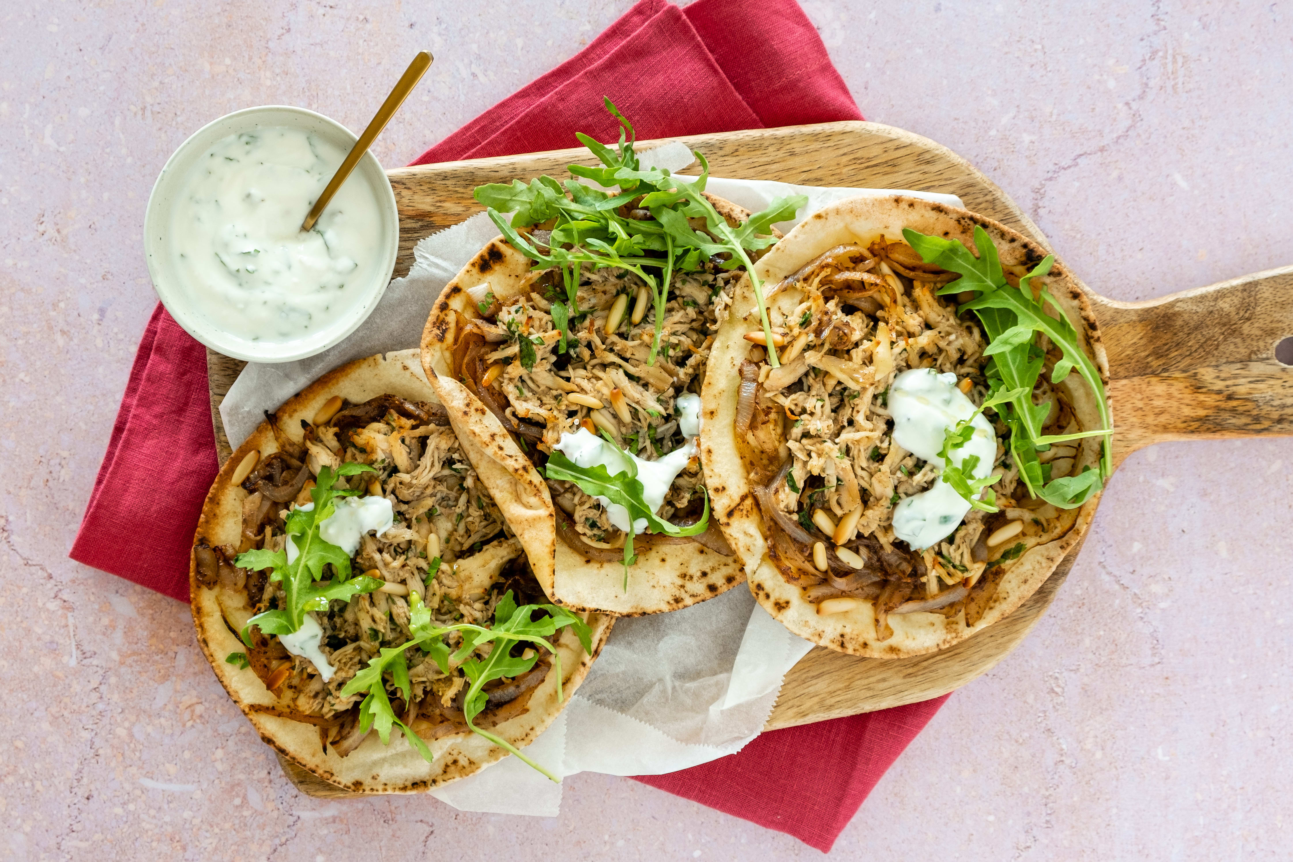 Easy Musakhan Pulled Chicken Flatbreads with Caramelised Sumac Onions