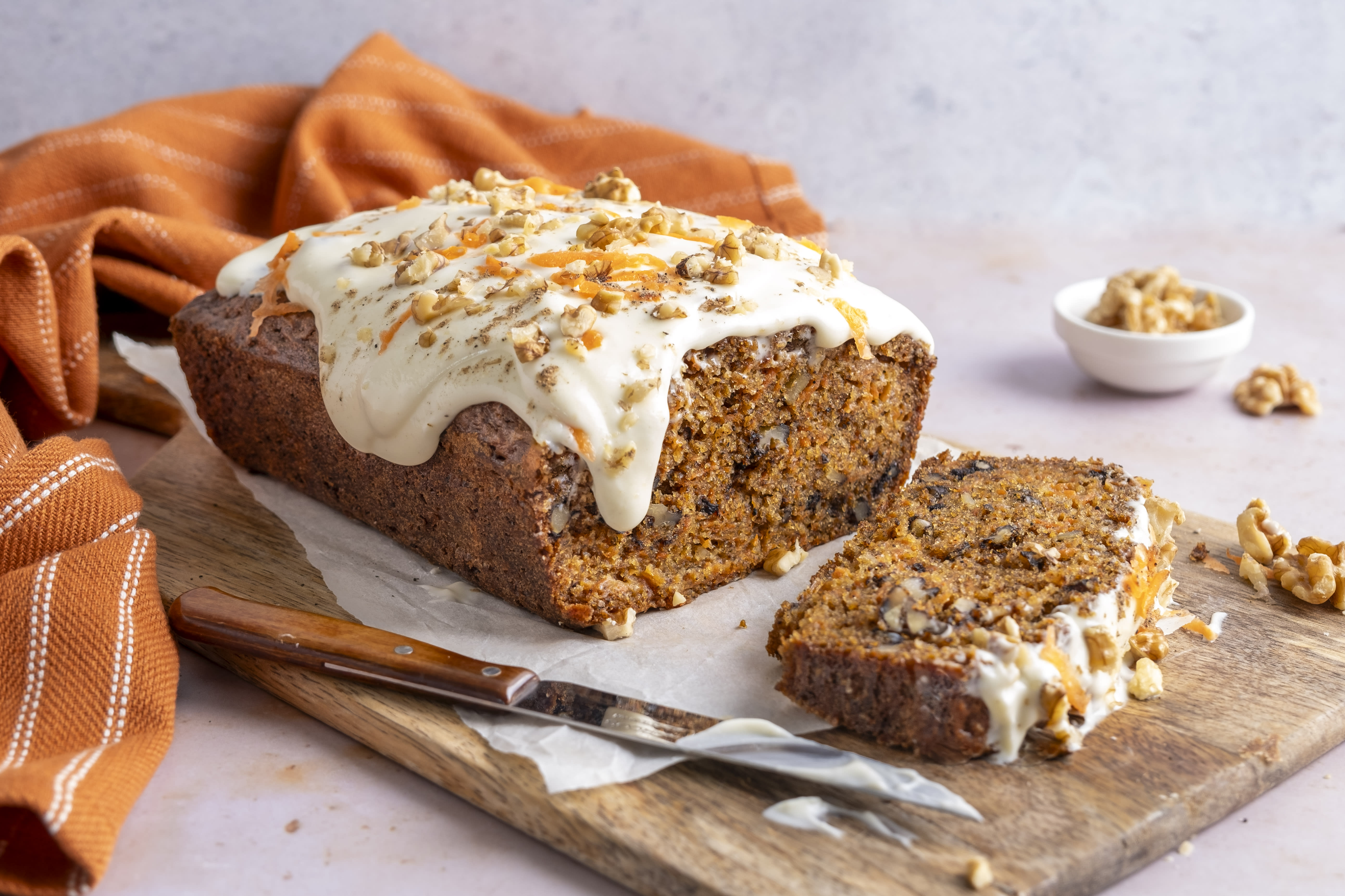 Spiced Carrot Loaf Cake with Walnuts and Cream Cheese Drizzle | Hello Chef!