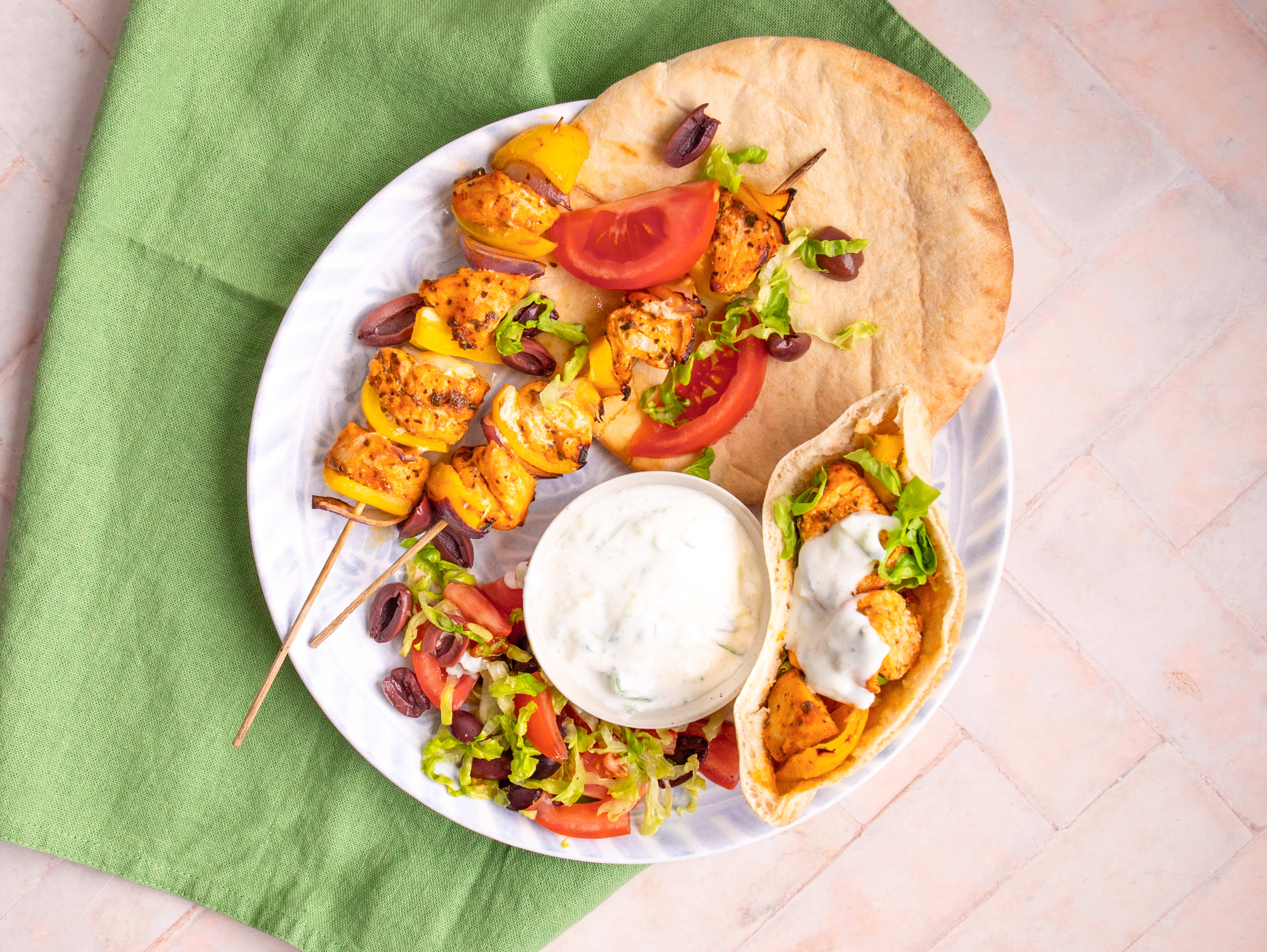 Chicken Souvlaki with Tzatziki, Pitta and Salad | Hello Chef!