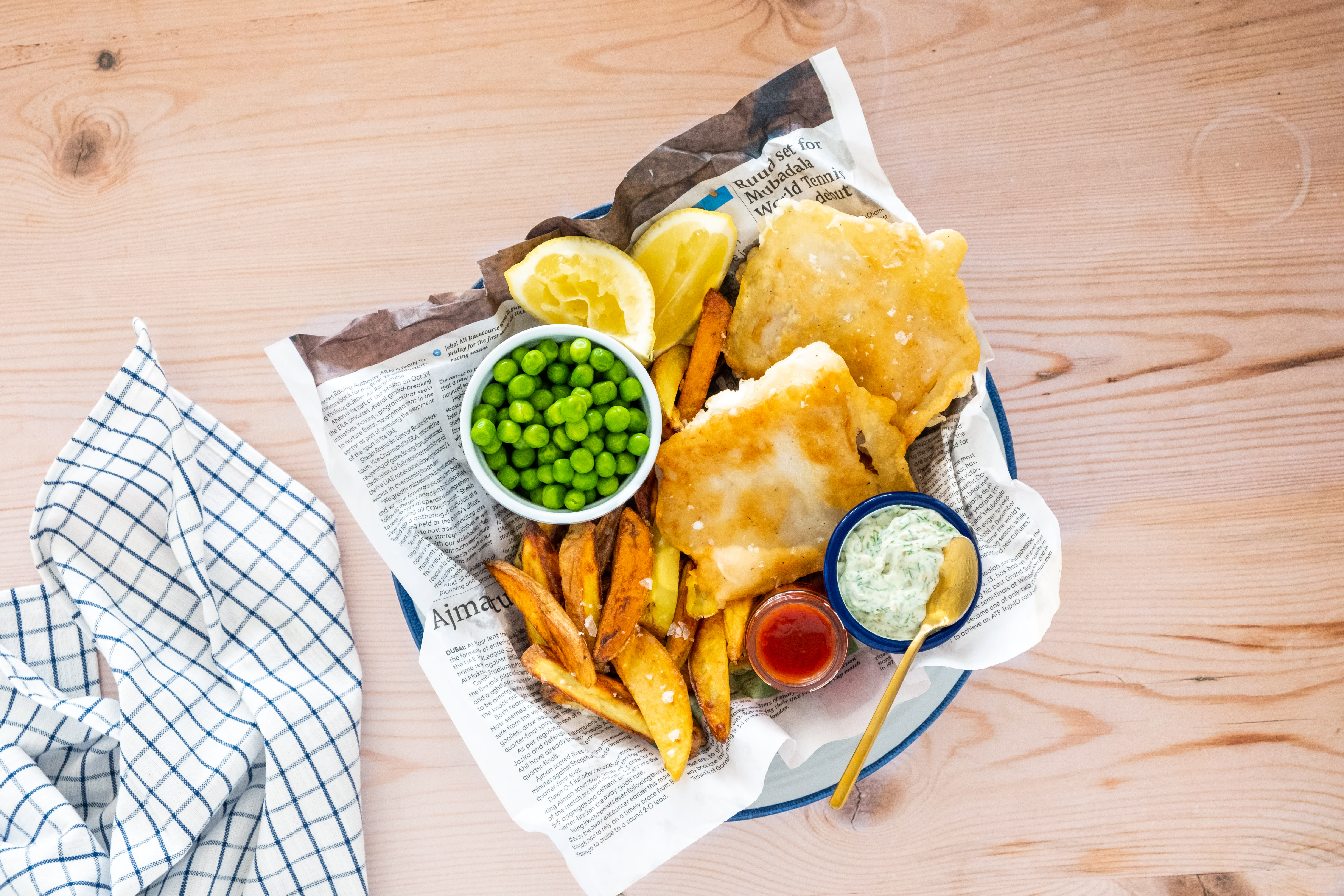 Classic British Fish and Chips with Peas and Tartar Sauce