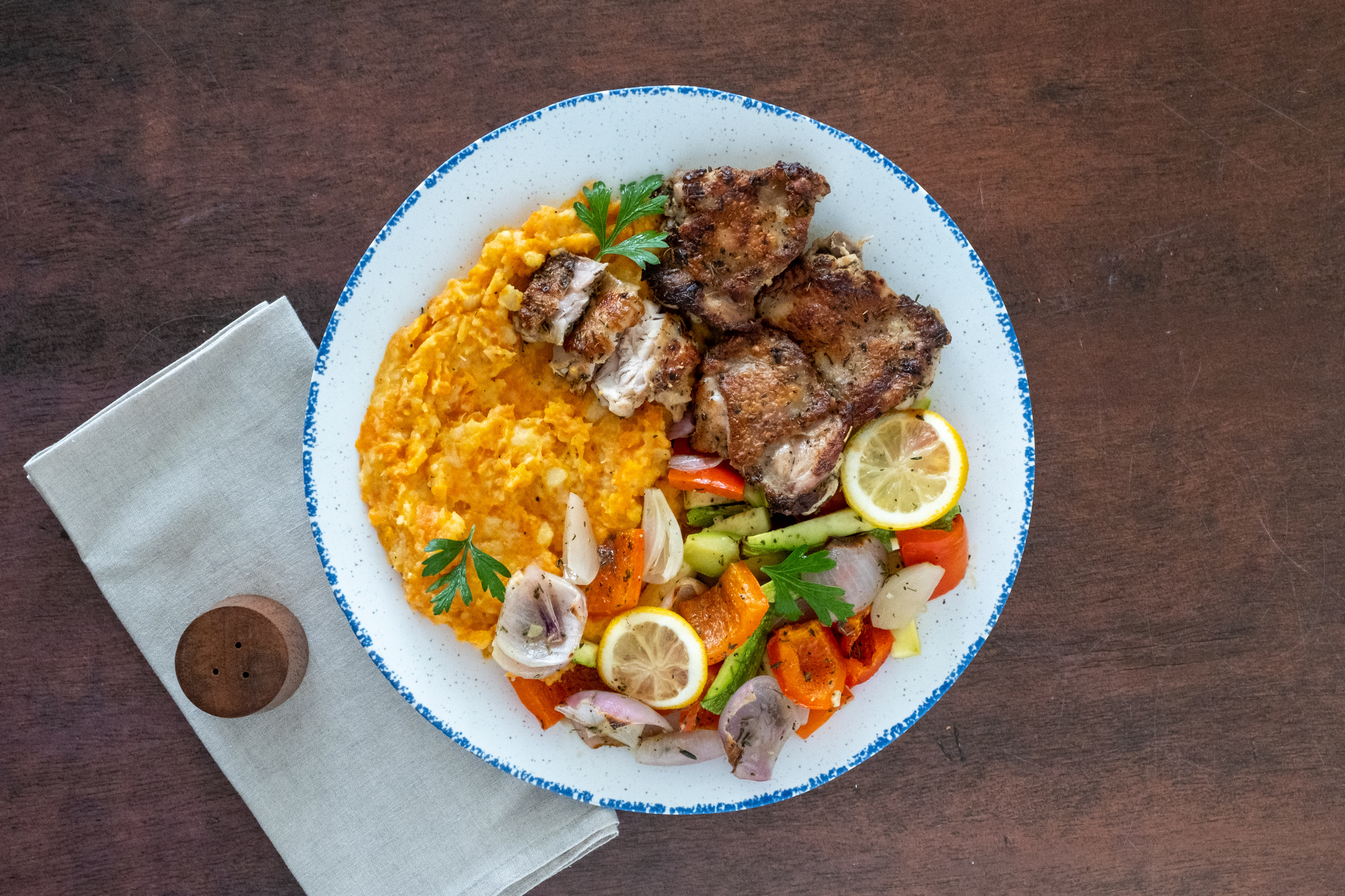 Lemony Chicken with Creamy Root Mash and Roasted Vegetables | Hello Chef!