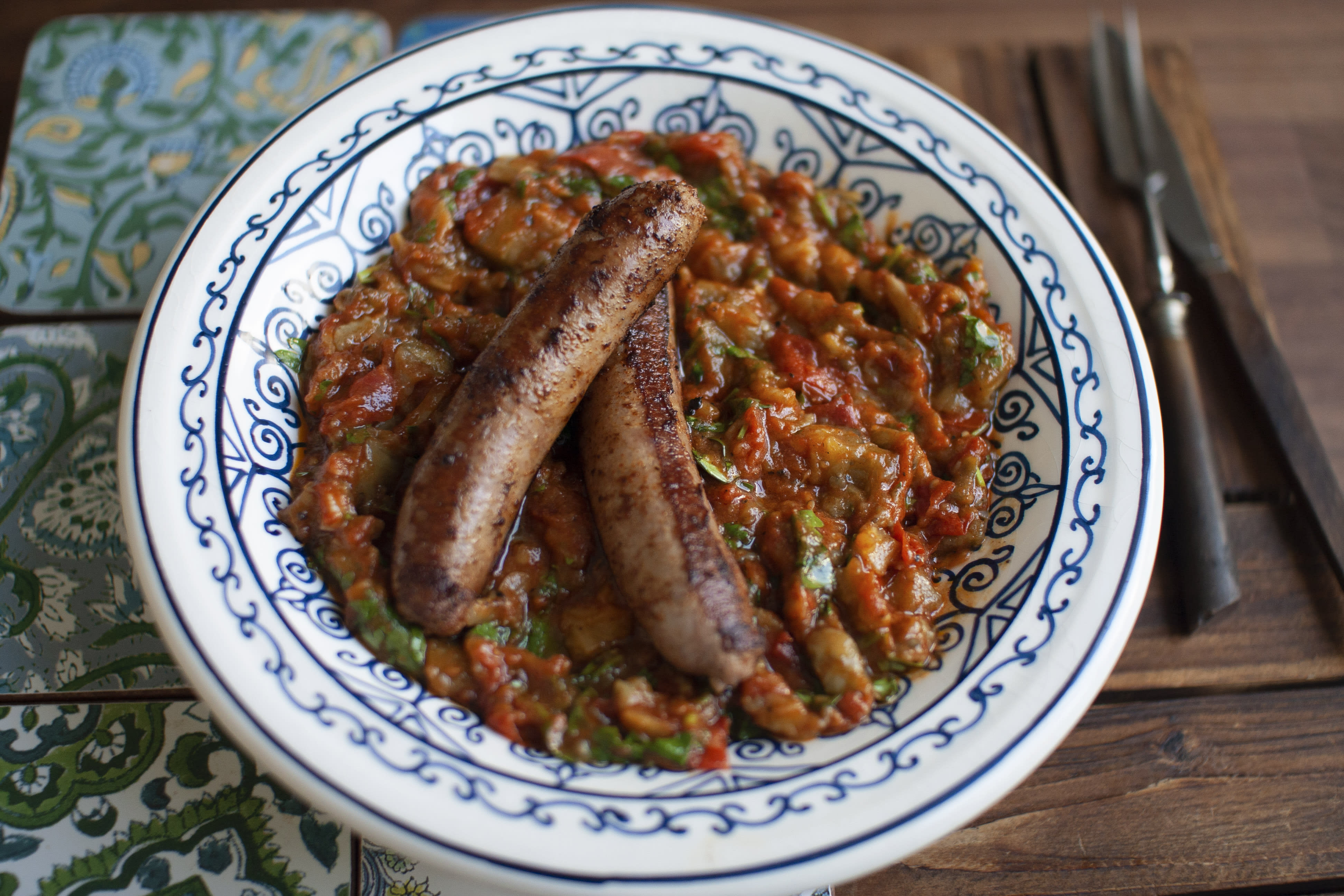 Merguez Sausages with Zaalouk Roasted Eggplant Salad | Hello Chef!