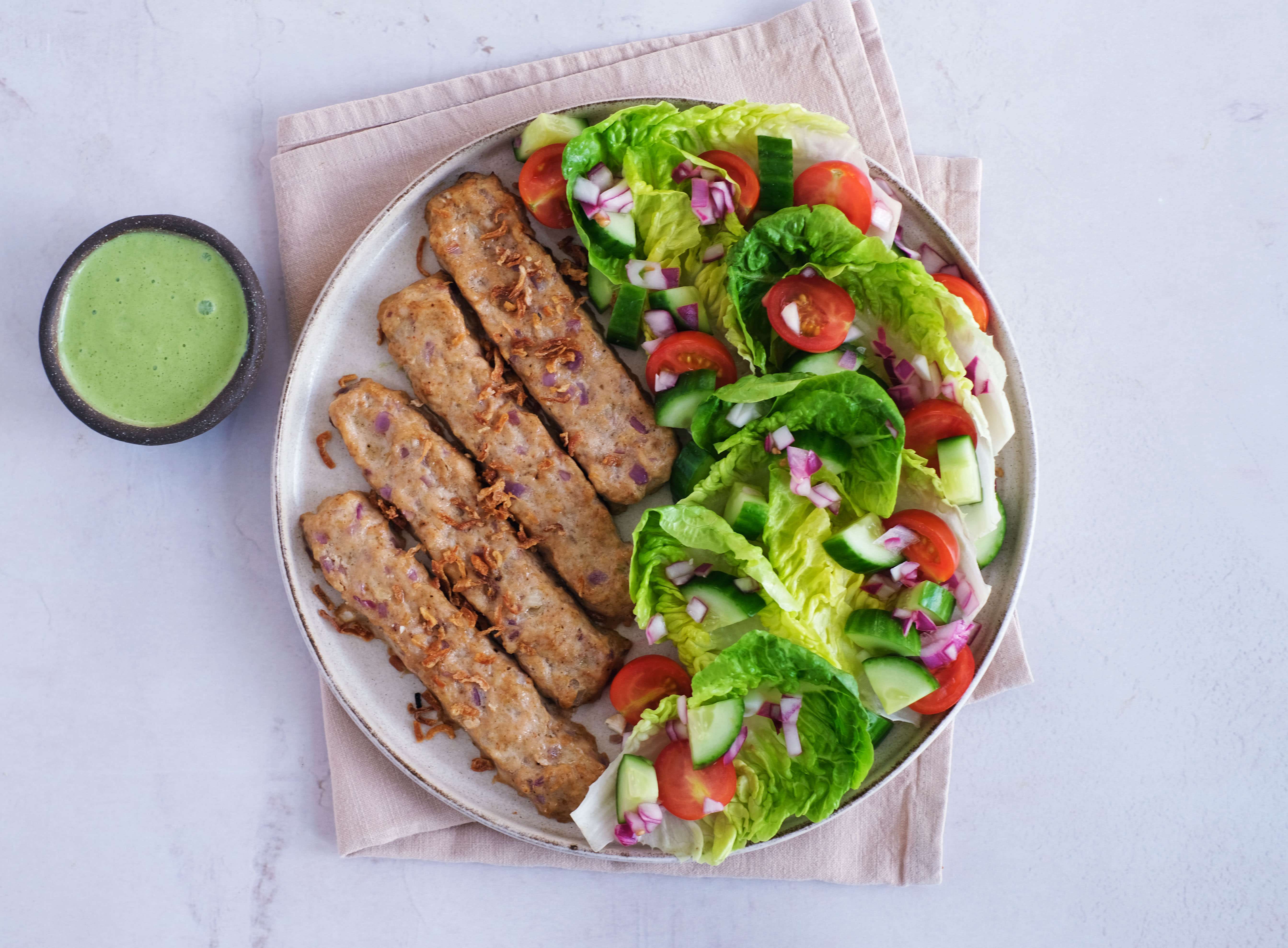 Chicken Seekh Kebabs with Kachumber Salad and Mint Chutney