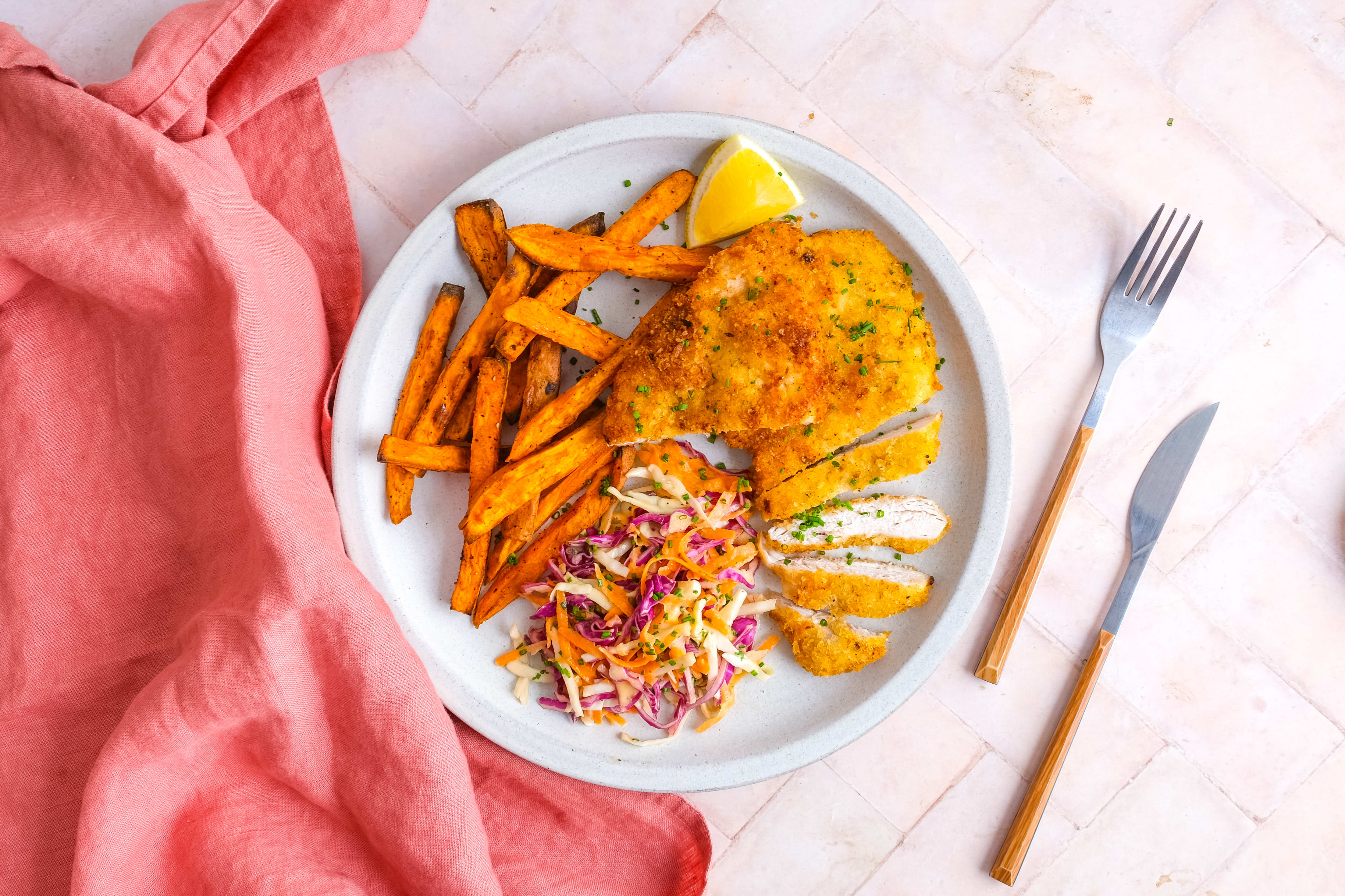 Crispy Parmesan Chicken with Coleslaw & Sweet Potato Wedges | Hello Chef!
