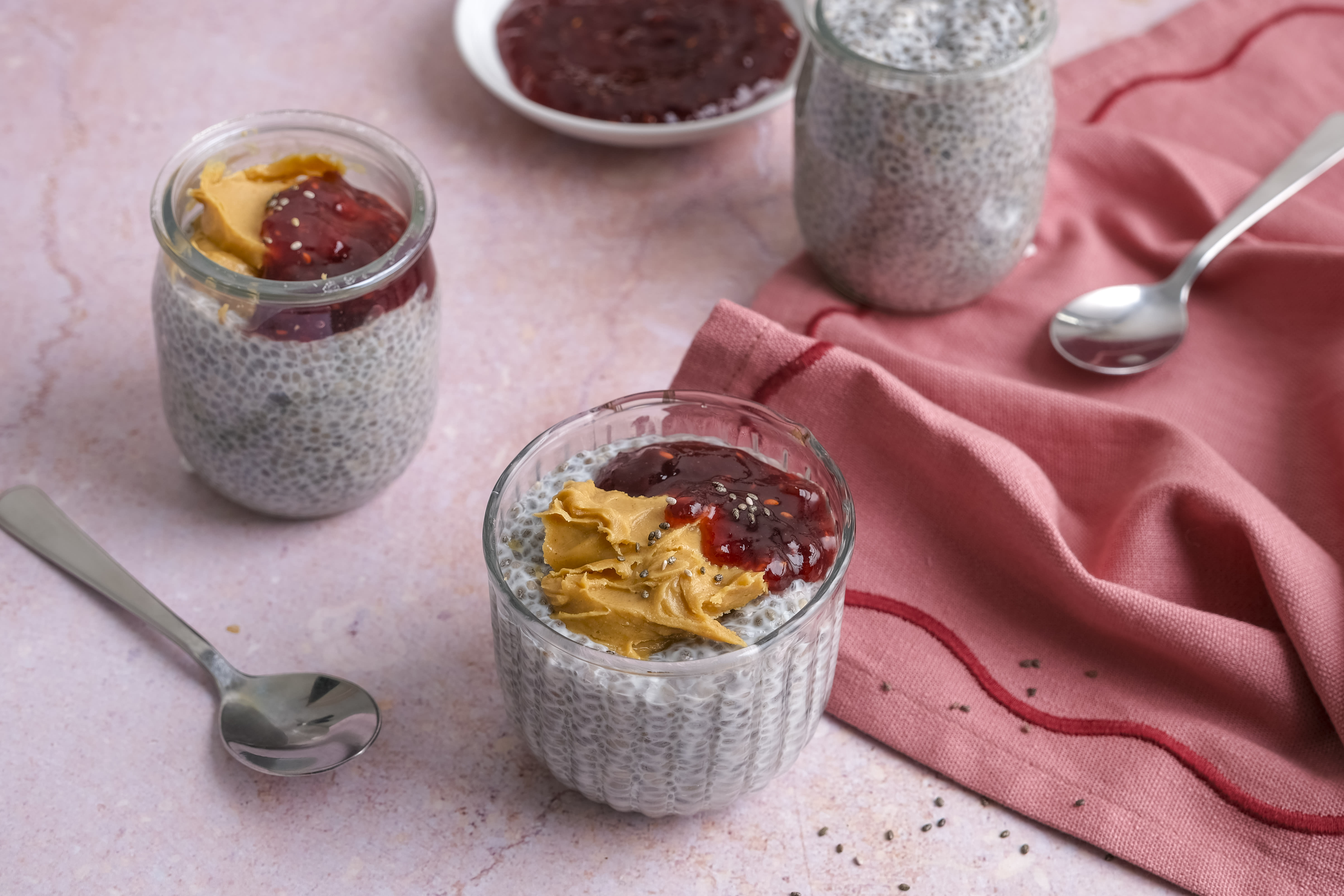 Overnight Chia Pudding with Peanut Butter and Raspberry Jam