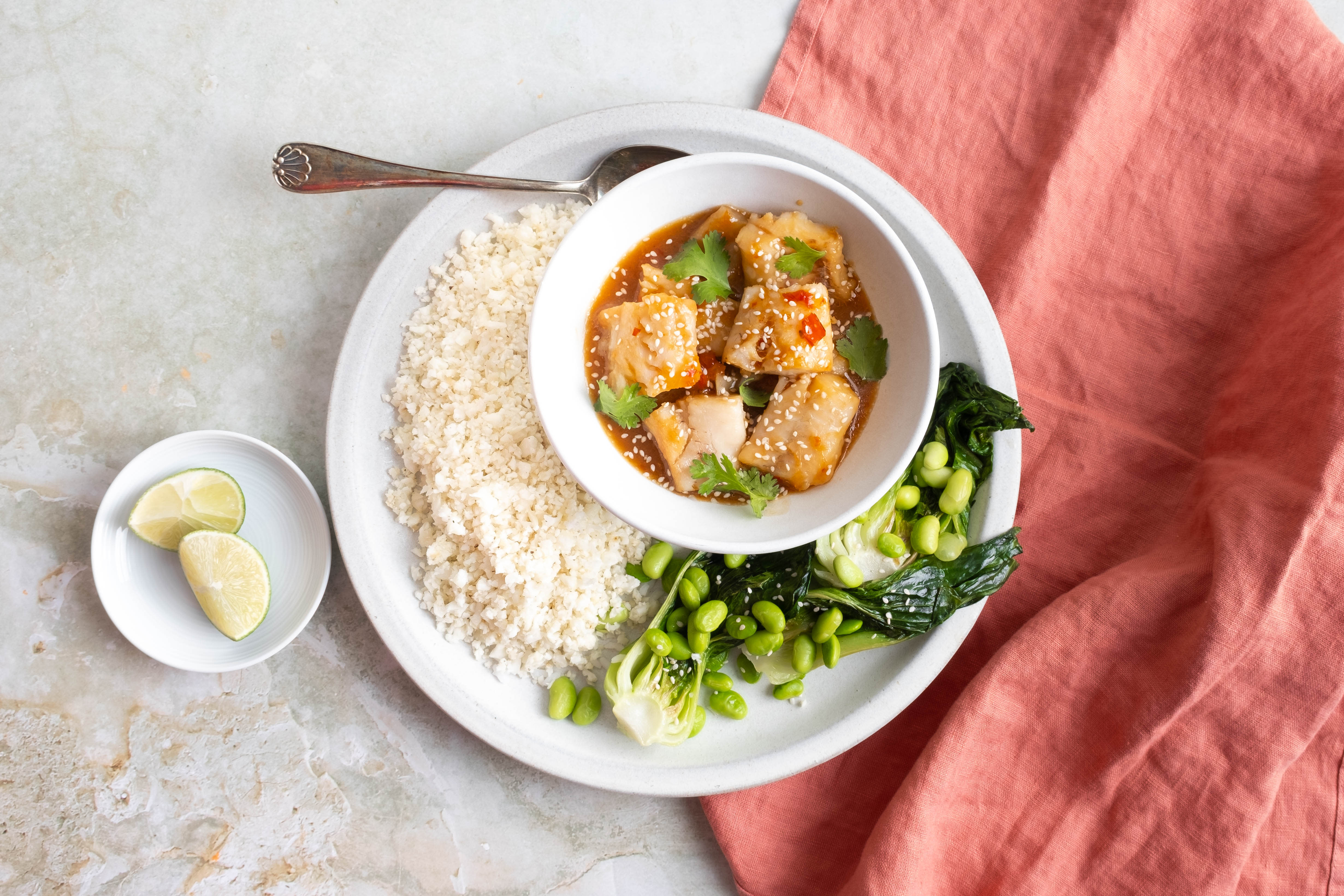 Spicy Chilli Lime Pollock with Pak Choi, Edamame Beans and Cauli Rice ...