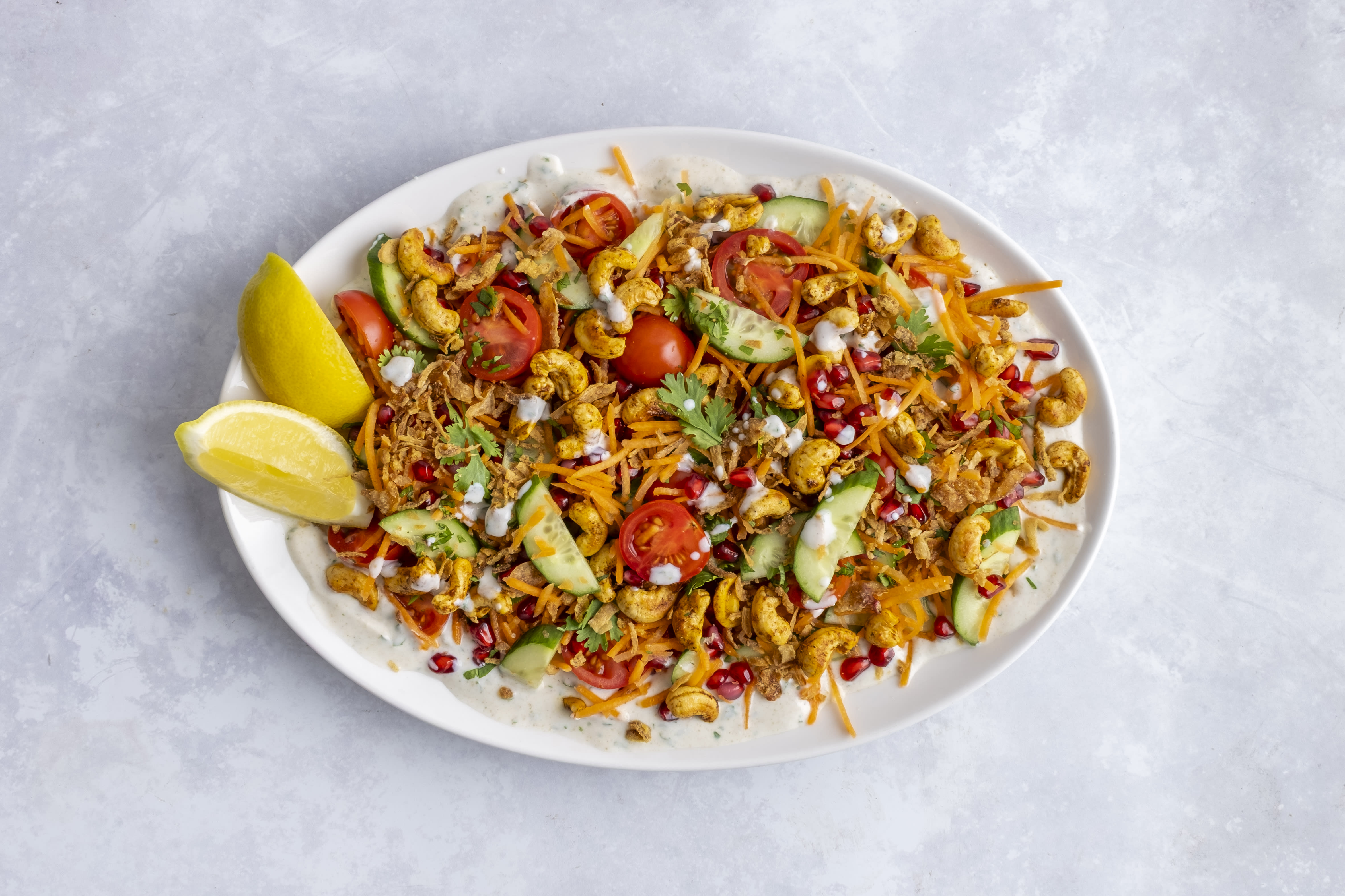 Indian-inspired Crunchy Veg Salad with Mango Chutney-Yogurt Dressing and Tandoori Cashew Nuts | Hello Chef!